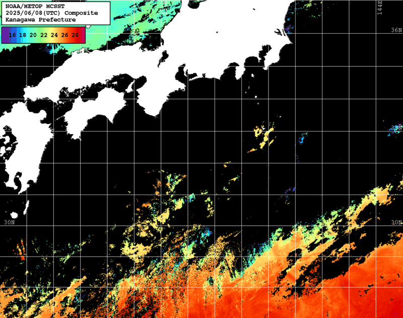 NOAA、MetOp 人工衛星画像 検索結果, 水温分布を図示