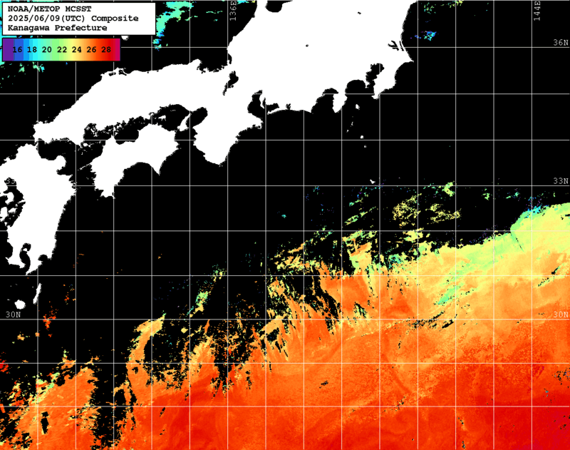 NOAA、MetOp 人工衛星画像 検索結果, 水温分布を図示