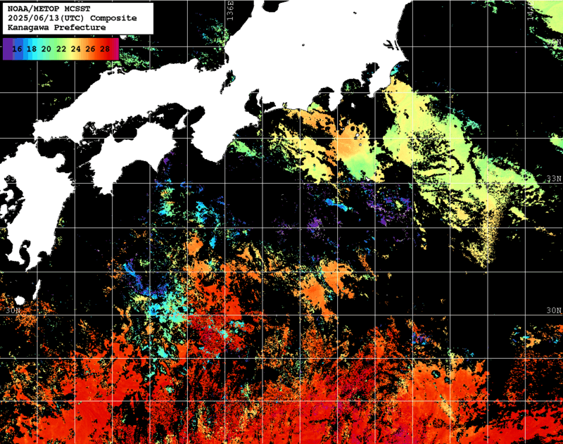 NOAA、MetOp 人工衛星画像 検索結果, 水温分布を図示