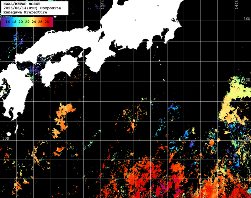 NOAA、MetOp 人工衛星画像 検索結果, 水温分布を図示