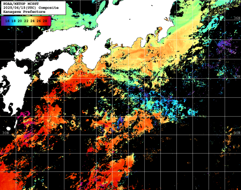 NOAA、MetOp 人工衛星画像 検索結果, 水温分布を図示