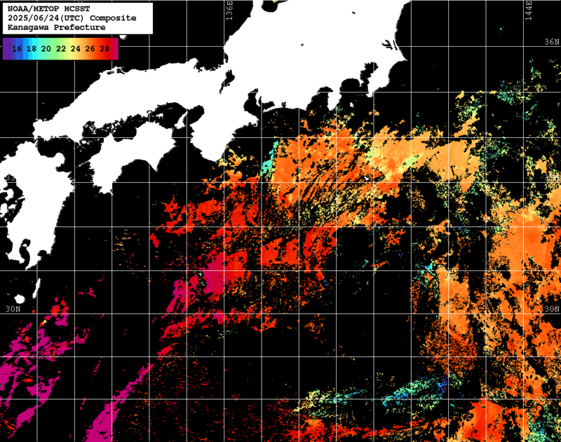 NOAA、MetOp 人工衛星画像 検索結果, 水温分布を図示
