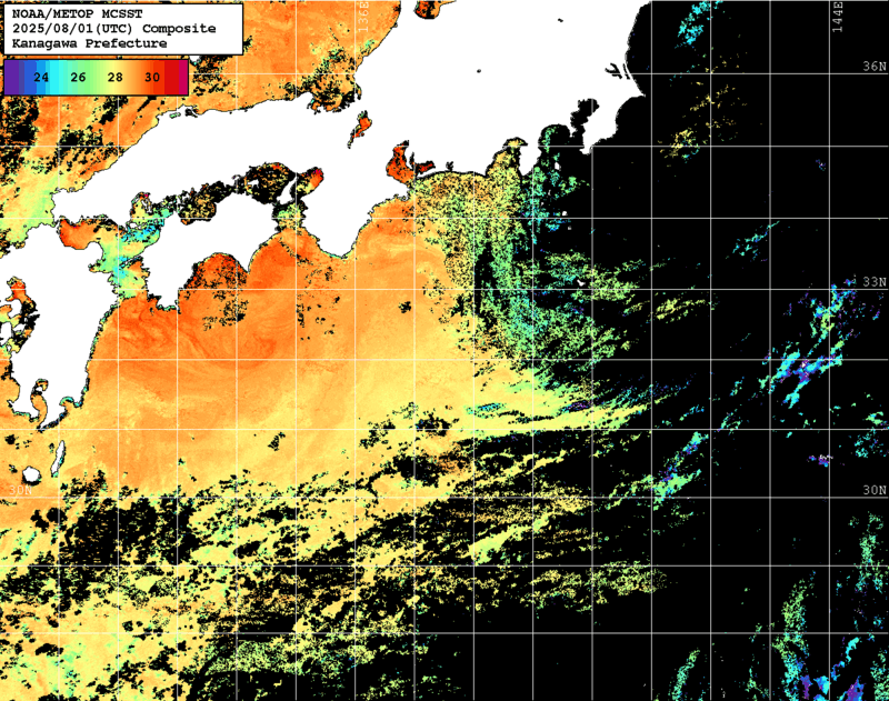 NOAA、MetOp 人工衛星画像 検索結果, 水温分布を図示