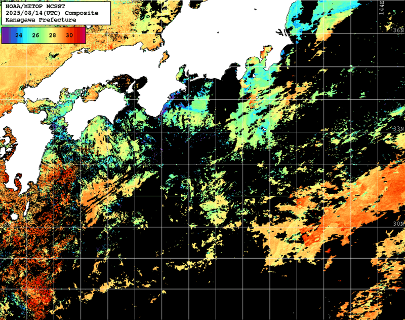 NOAA、MetOp 人工衛星画像 検索結果, 水温分布を図示