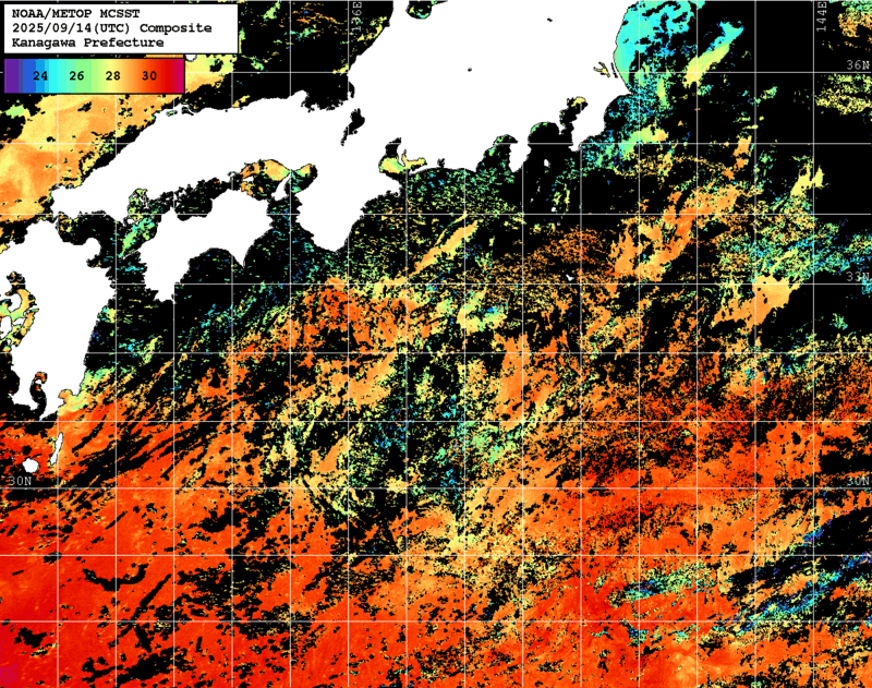 NOAA、MetOp 人工衛星画像 検索結果, 水温分布を図示