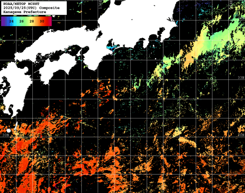 NOAA、MetOp 人工衛星画像 検索結果, 水温分布を図示