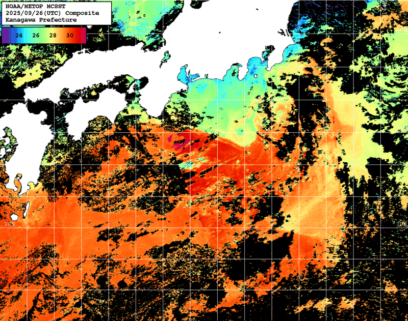 NOAA、MetOp 人工衛星画像 検索結果, 水温分布を図示