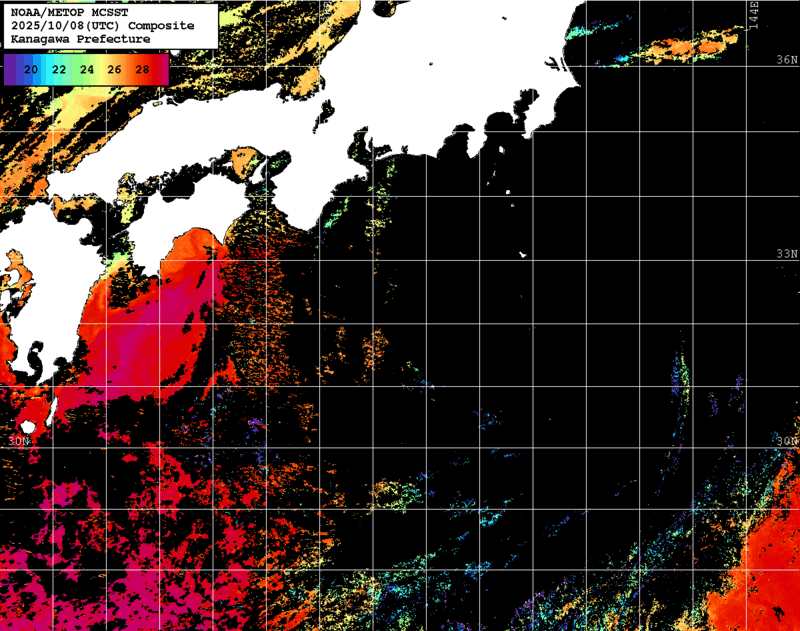 NOAA、MetOp 人工衛星画像 検索結果, 水温分布を図示