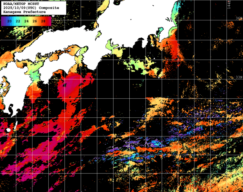 NOAA、MetOp 人工衛星画像 検索結果, 水温分布を図示