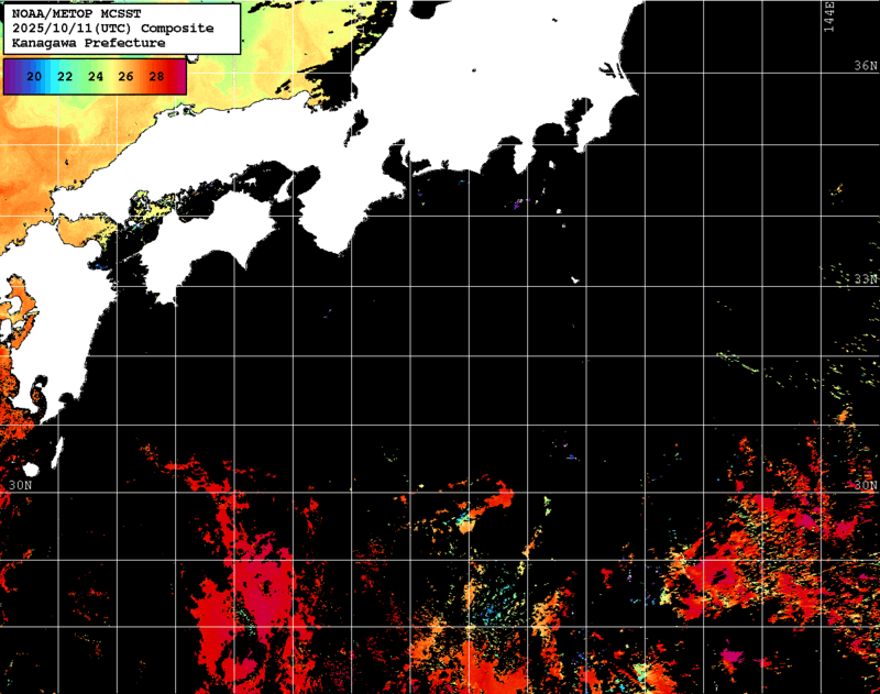 NOAA、MetOp 人工衛星画像 検索結果, 水温分布を図示