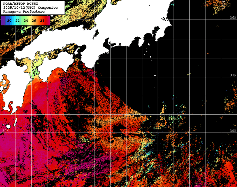 NOAA、MetOp 人工衛星画像 検索結果, 水温分布を図示