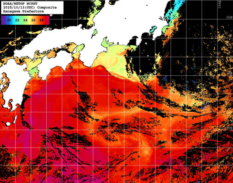 NOAA、MetOp 人工衛星画像 検索結果, 水温分布を図示