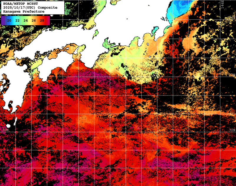 NOAA、MetOp 人工衛星画像 検索結果, 水温分布を図示
