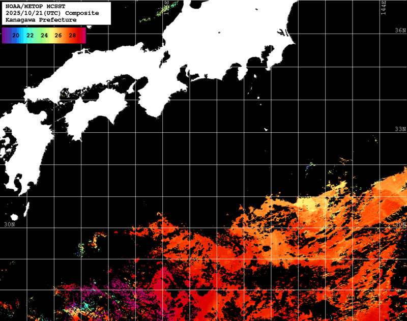 NOAA、MetOp 人工衛星画像 検索結果, 水温分布を図示