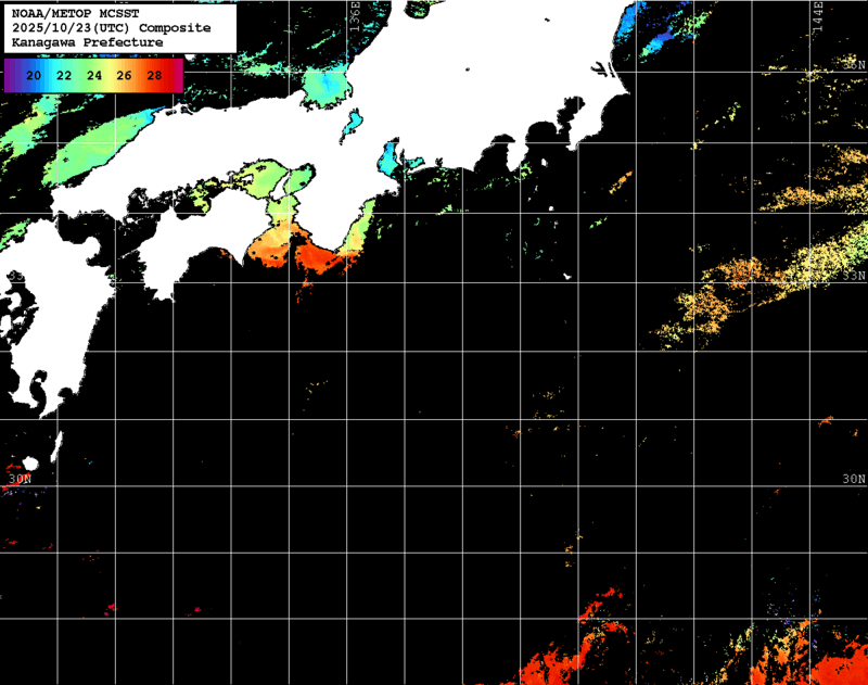 NOAA、MetOp 人工衛星画像 検索結果, 水温分布を図示