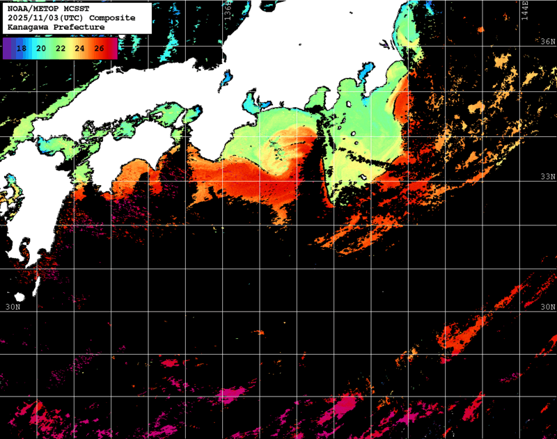 NOAA、MetOp 人工衛星画像 検索結果, 水温分布を図示