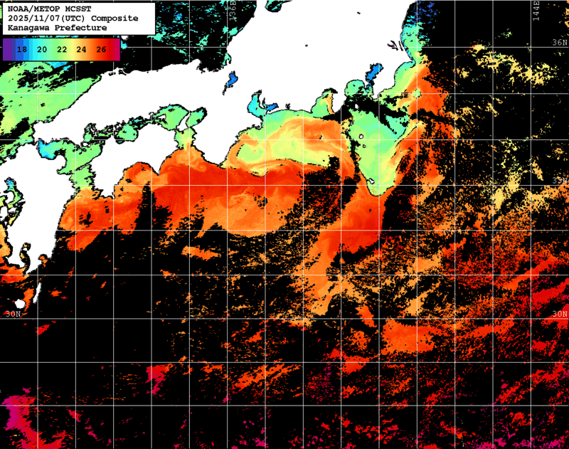NOAA、MetOp 人工衛星画像 検索結果, 水温分布を図示