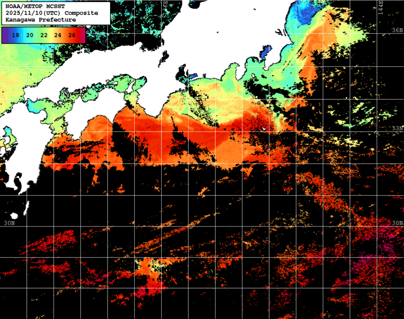 NOAA、MetOp 人工衛星画像 検索結果, 水温分布を図示