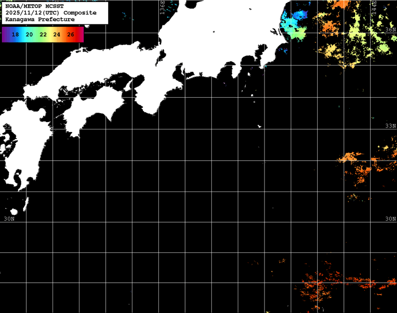 NOAA、MetOp 人工衛星画像 検索結果, 水温分布を図示