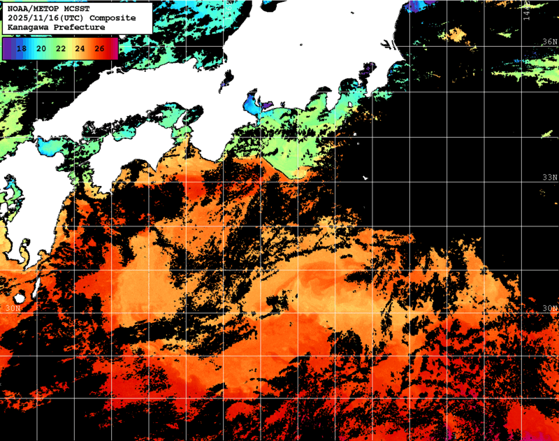 NOAA、MetOp 人工衛星画像 検索結果, 水温分布を図示