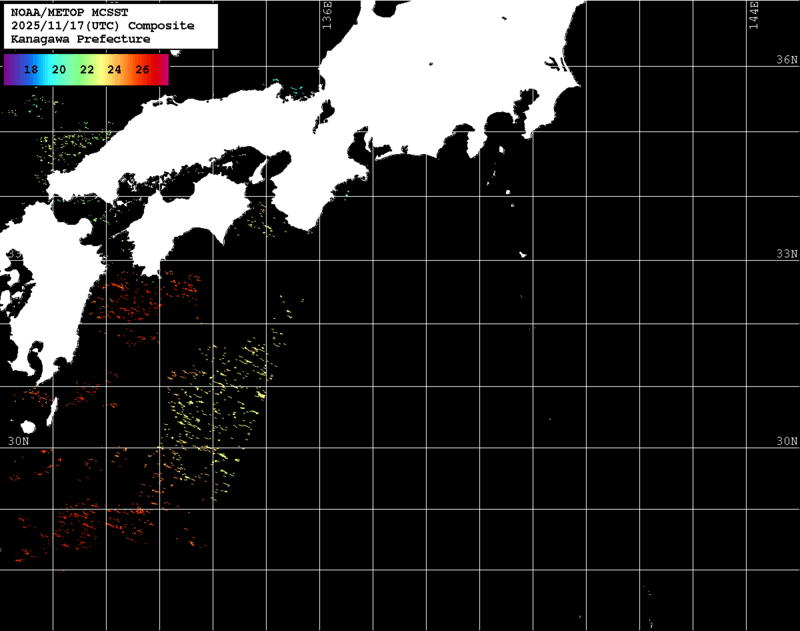 NOAA、MetOp 人工衛星画像 検索結果, 水温分布を図示