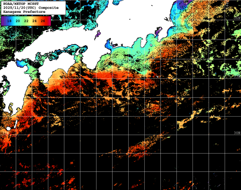 NOAA、MetOp 人工衛星画像 検索結果, 水温分布を図示