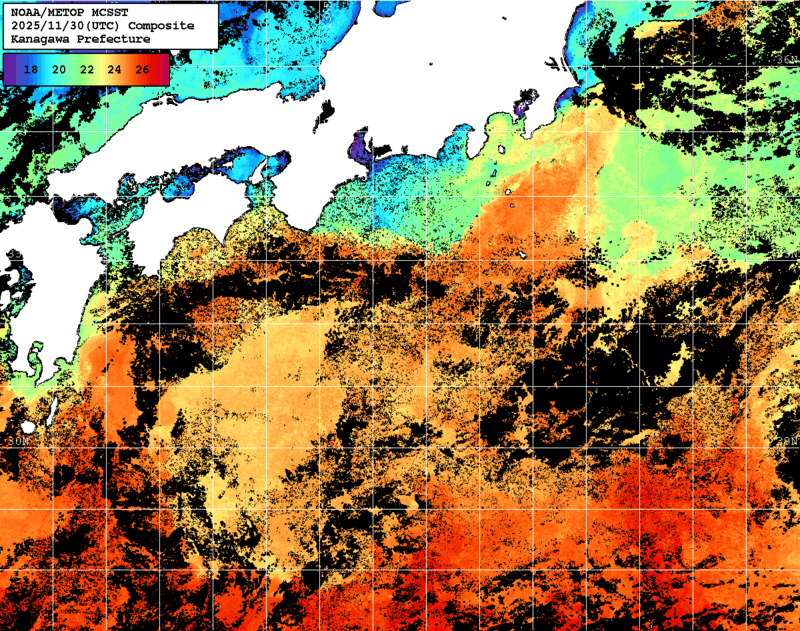 NOAA、MetOp 人工衛星画像 検索結果, 水温分布を図示