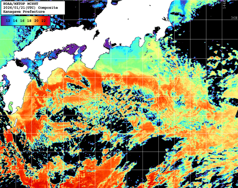 NOAA、MetOp 人工衛星画像 検索結果, 水温分布を図示
