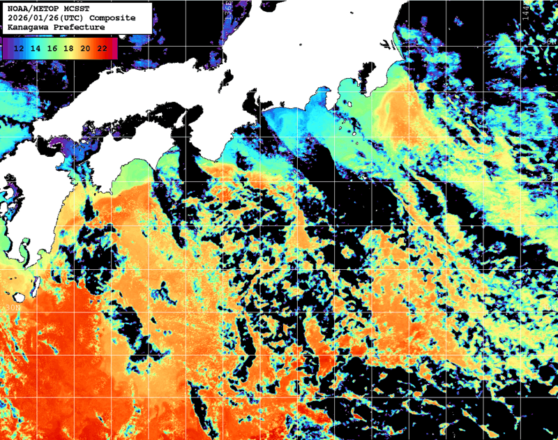 NOAA、MetOp 人工衛星画像 検索結果, 水温分布を図示