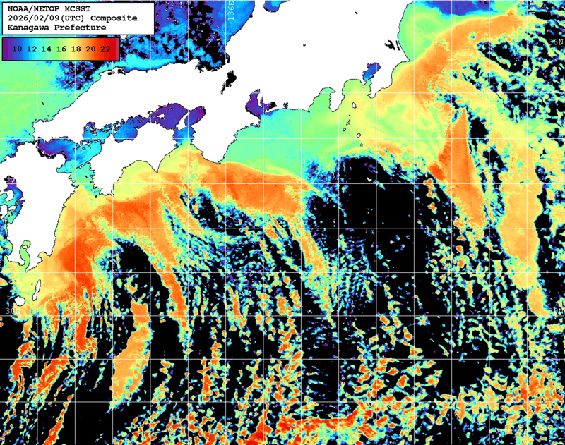 NOAA、MetOp 人工衛星画像 検索結果, 水温分布を図示