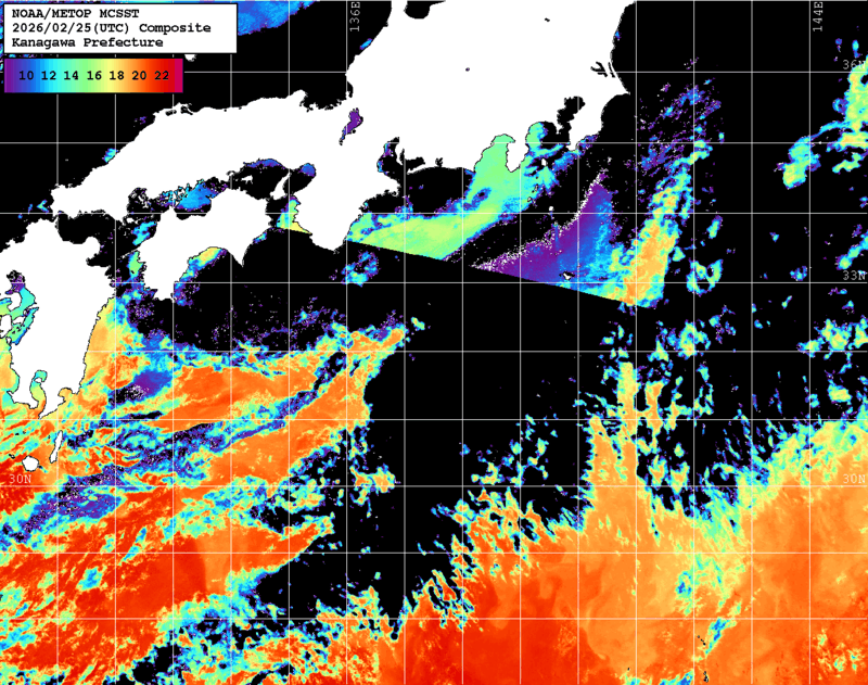 NOAA、MetOp 人工衛星画像 検索結果, 水温分布を図示