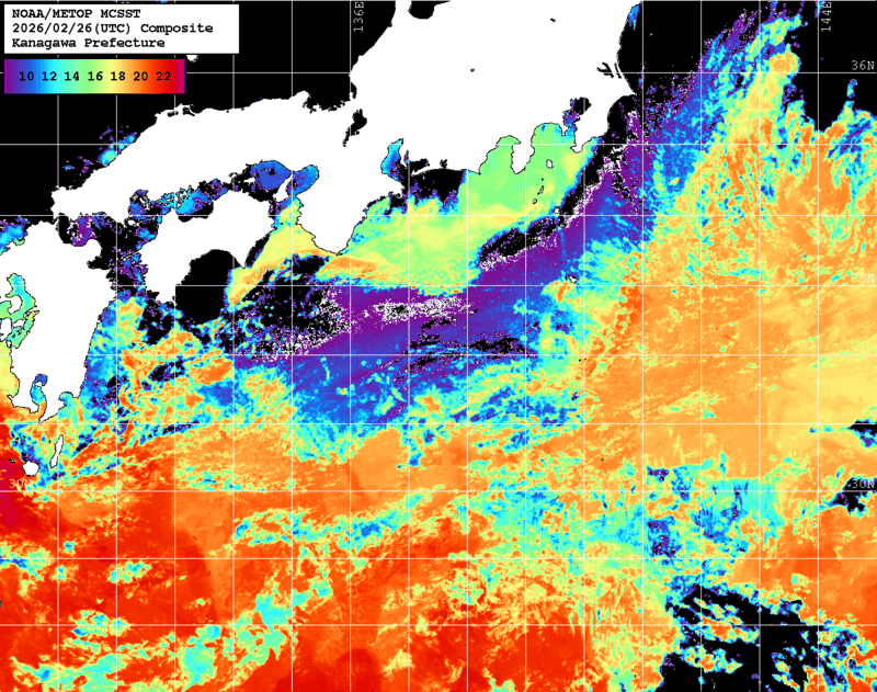 NOAA、MetOp 人工衛星画像 検索結果, 水温分布を図示