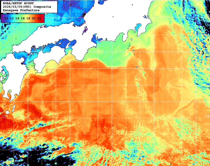 NOAA、MetOp 人工衛星画像 検索結果, 水温分布を図示