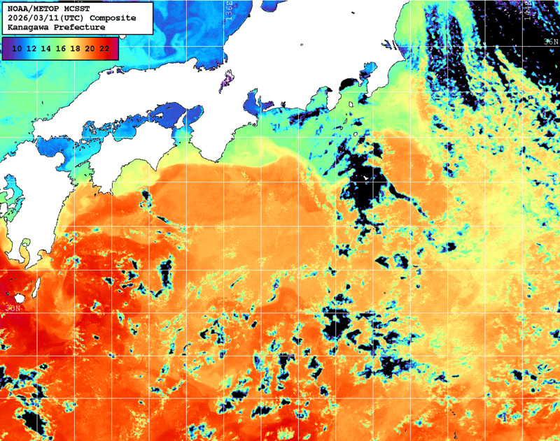 NOAA、MetOp 人工衛星画像 検索結果, 水温分布を図示