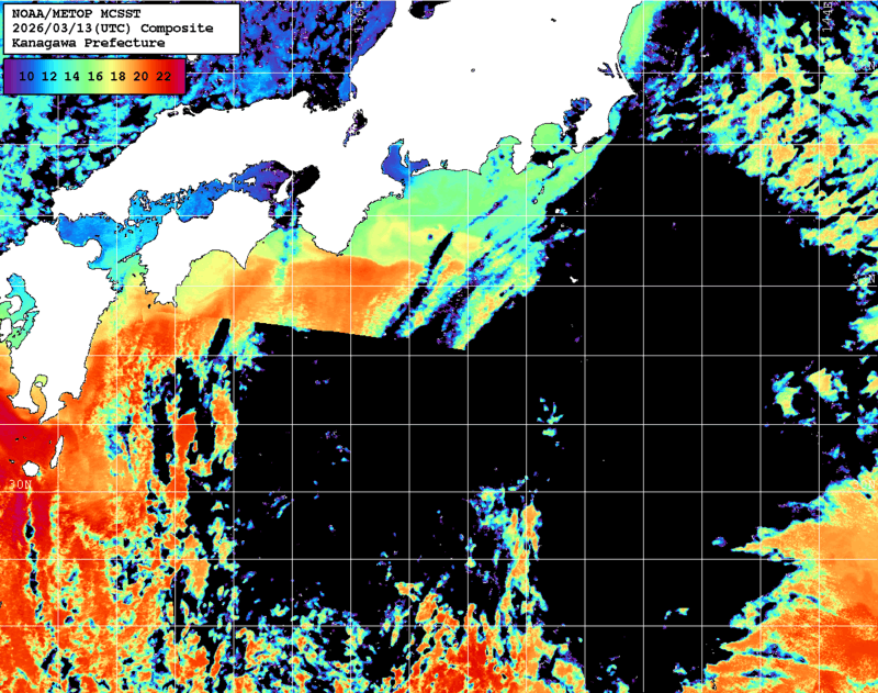 NOAA、MetOp 人工衛星画像 検索結果, 水温分布を図示