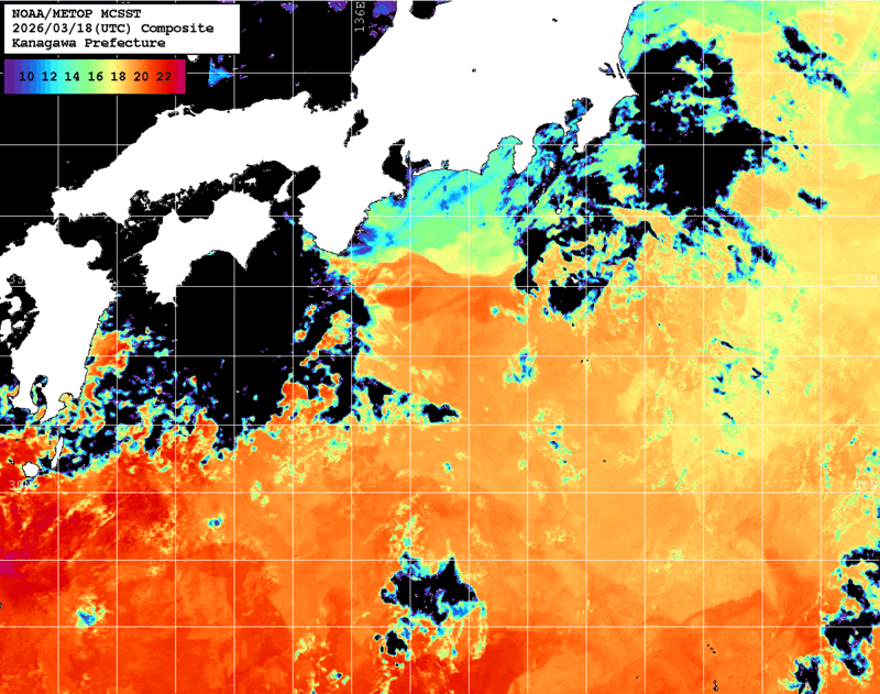 NOAA、MetOp 人工衛星画像 検索結果, 水温分布を図示