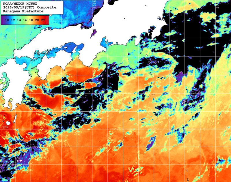 NOAA、MetOp 人工衛星画像 検索結果, 水温分布を図示