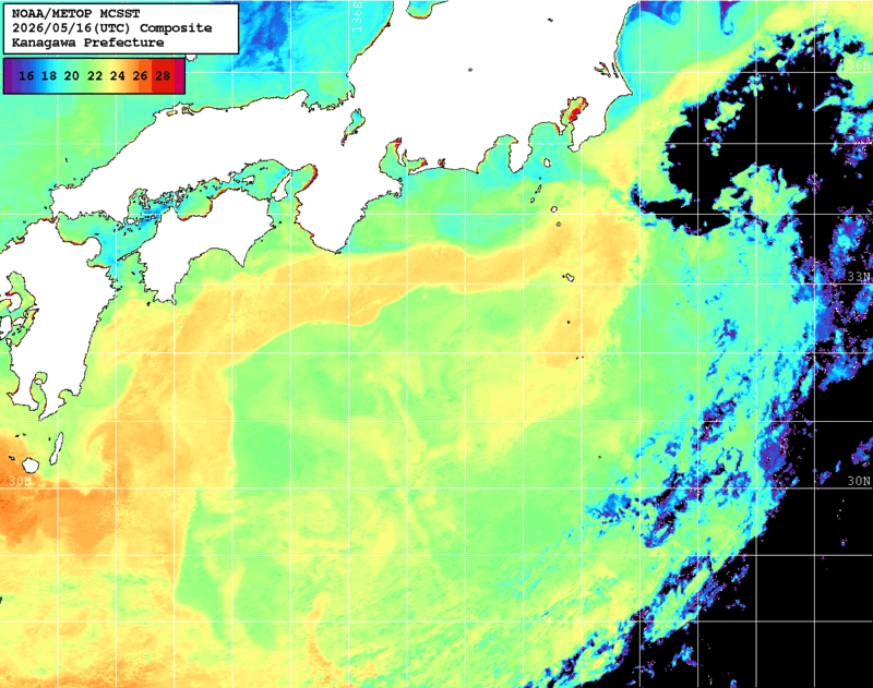 NOAA、MetOp 人工衛星画像 検索結果, 水温分布を図示