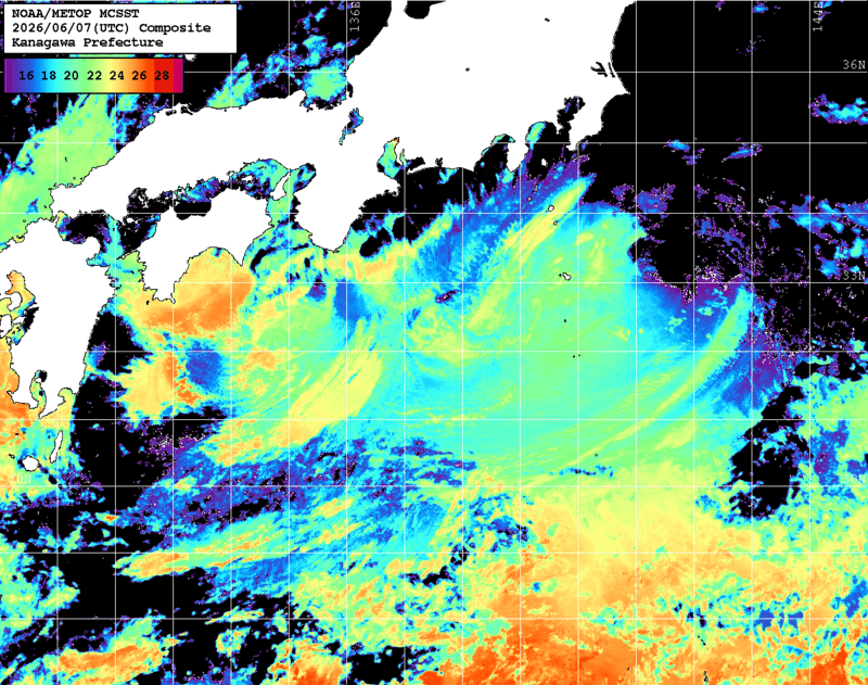 NOAA、MetOp 人工衛星画像 検索結果, 水温分布を図示