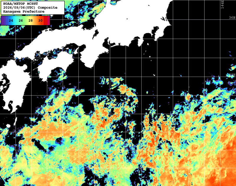 NOAA、MetOp 人工衛星画像 検索結果, 水温分布を図示