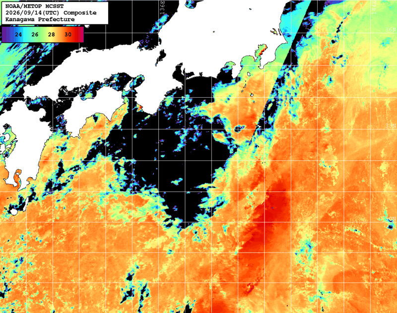 NOAA、MetOp 人工衛星画像 検索結果, 水温分布を図示
