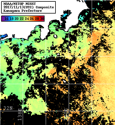 NOAA、MetOp 人工衛星画像 検索結果, 水温分布を図示