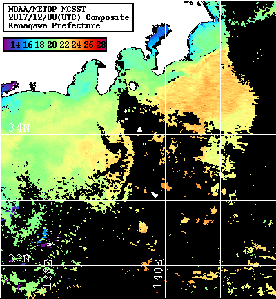 NOAA、MetOp 人工衛星画像 検索結果, 水温分布を図示