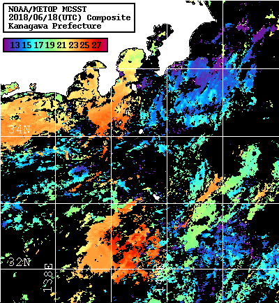 NOAA、MetOp 人工衛星画像 検索結果, 水温分布を図示