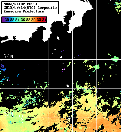 NOAA、MetOp 人工衛星画像 検索結果, 水温分布を図示