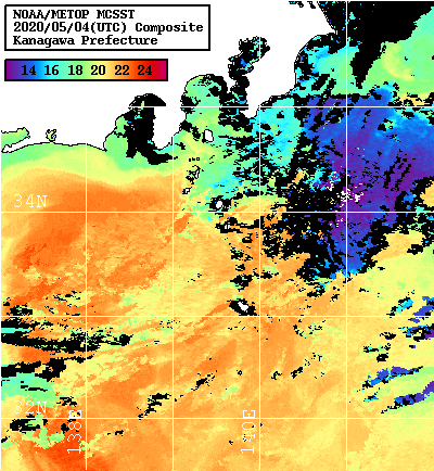 NOAA、MetOp 人工衛星画像 検索結果, 水温分布を図示