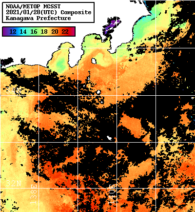 NOAA、MetOp 人工衛星画像 検索結果, 水温分布を図示