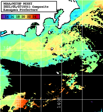 NOAA、MetOp 人工衛星画像 検索結果, 水温分布を図示