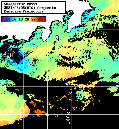 NOAA、MetOp 人工衛星画像 検索結果, 水温分布を図示