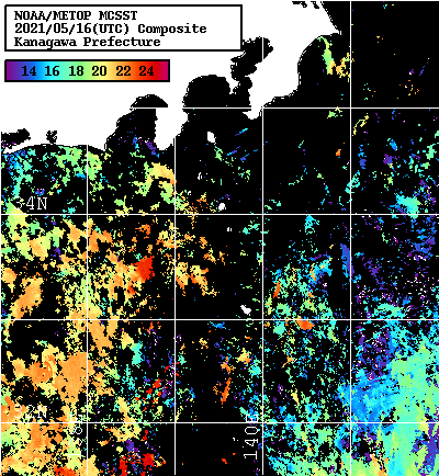 NOAA、MetOp 人工衛星画像 検索結果, 水温分布を図示